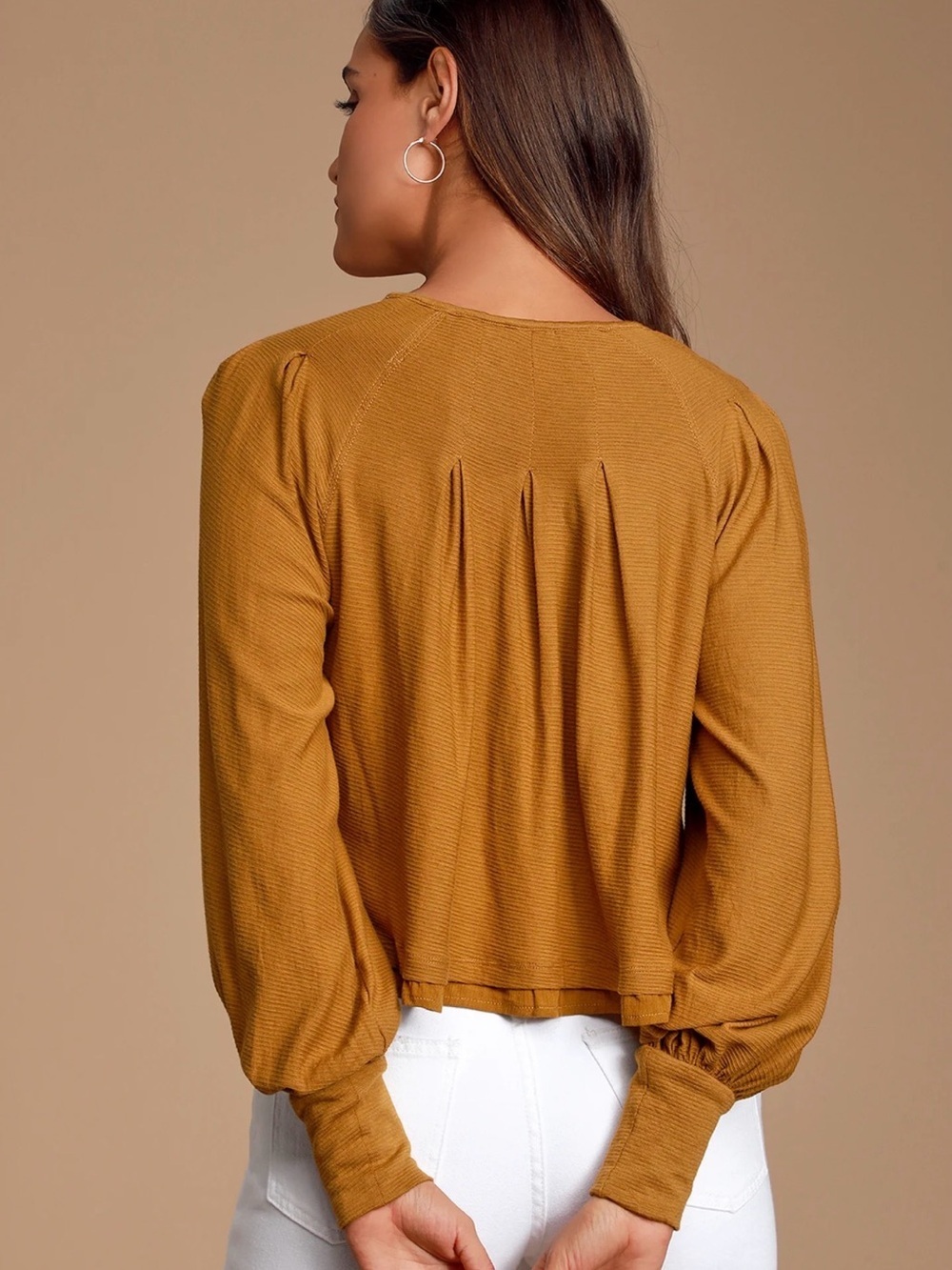 Free People Billie Ribbed Balloon Long Sleeve Blouse Brown Top Small Mustard - Picture 2 of 10